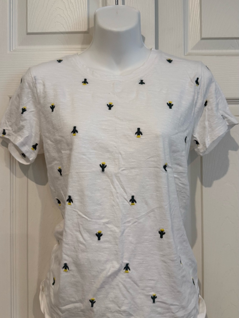 Lucky Brand White Short-Sleeve Tee with Green & Yellow Cactus Embroidery